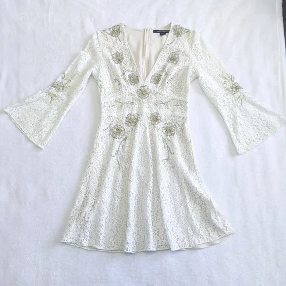 french connection white beaded dress Long Sleeve Lace V Neck Backless Mermaid Boho Wedding Dresses,Beach Wedding  Gown – trendtydresses main image 0